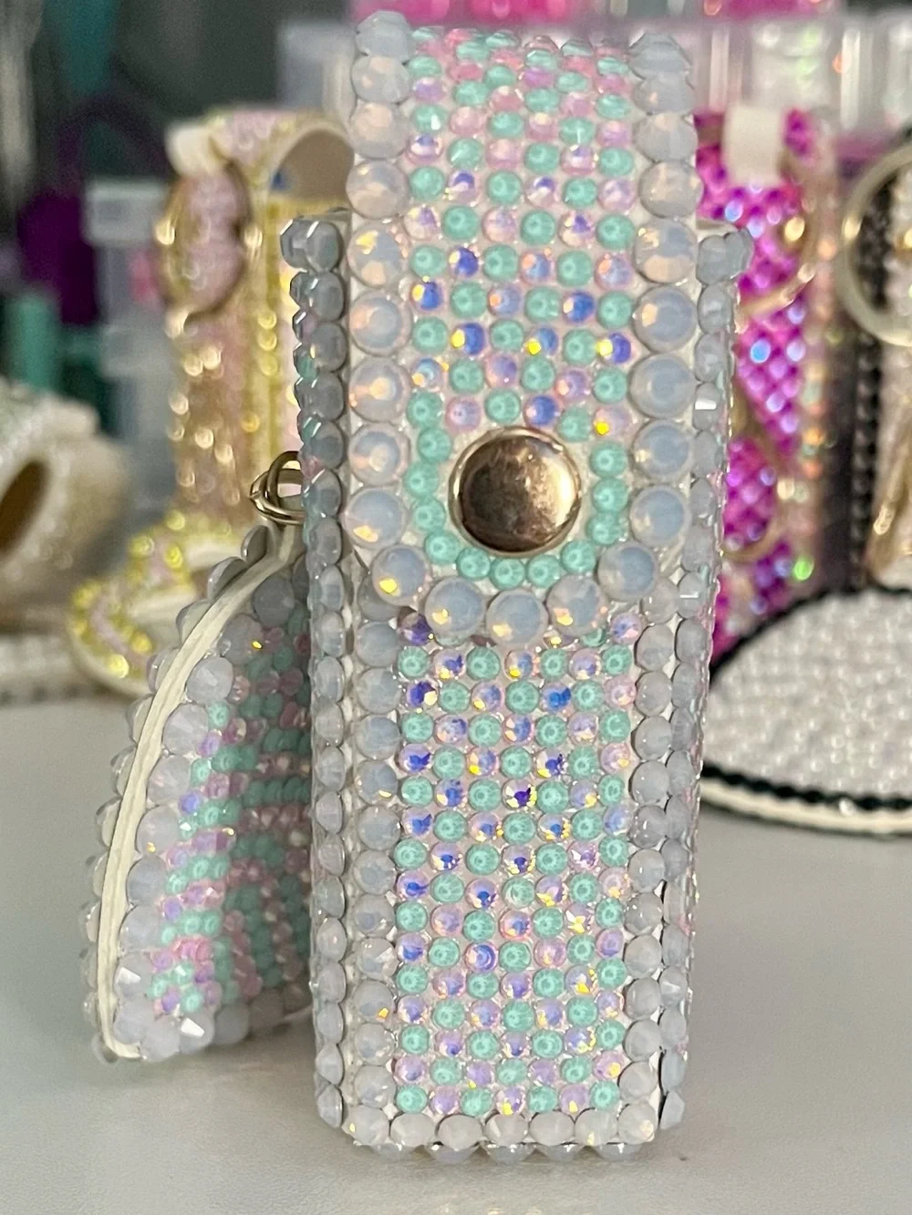 Hand Crafted Unicorn Dream Iridescent Crystal Lipstick Case and Mirror Keychain